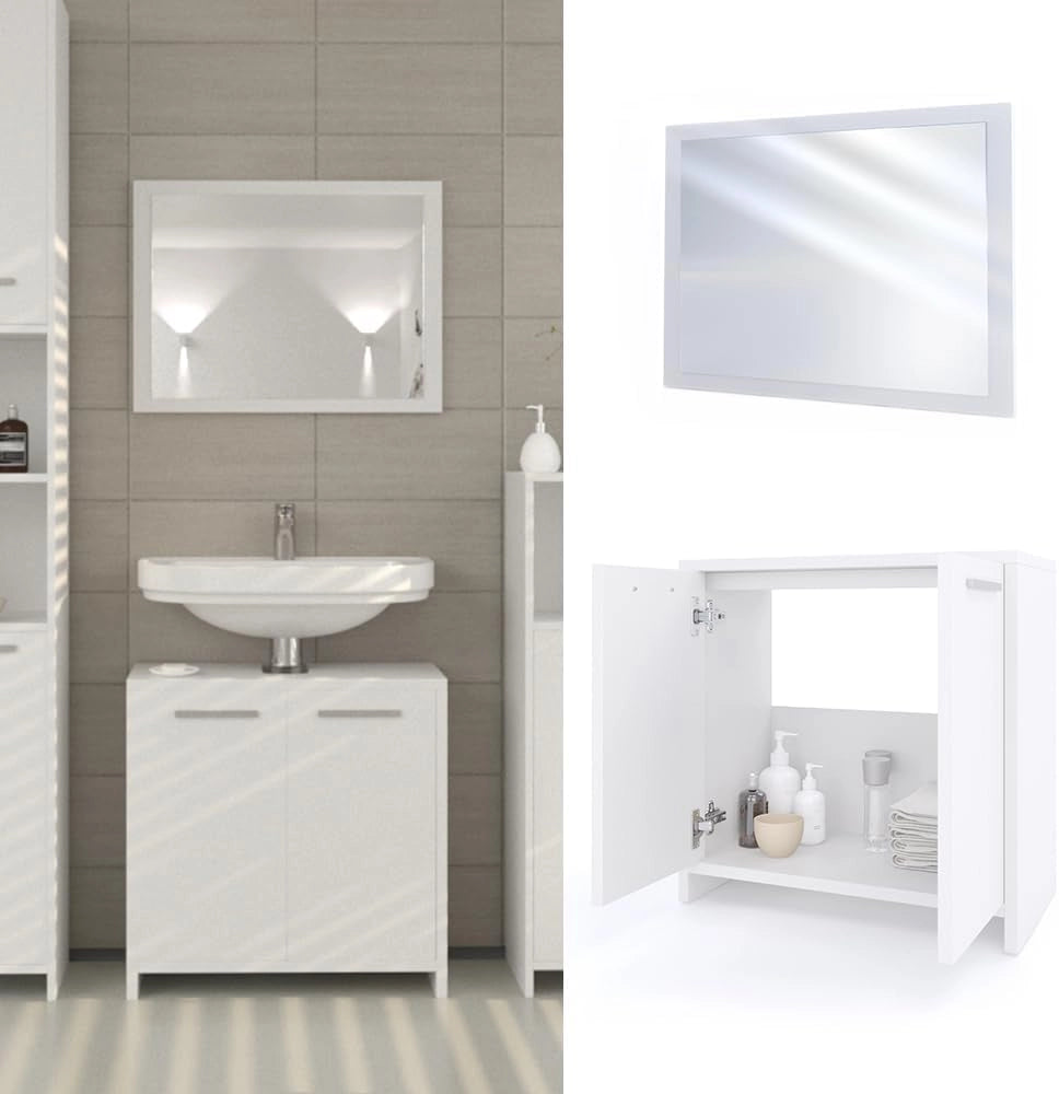 Set mobili bagno Kiko, Bianco, 58 cm, composto da specchio da bagno e mobile sottolavabo