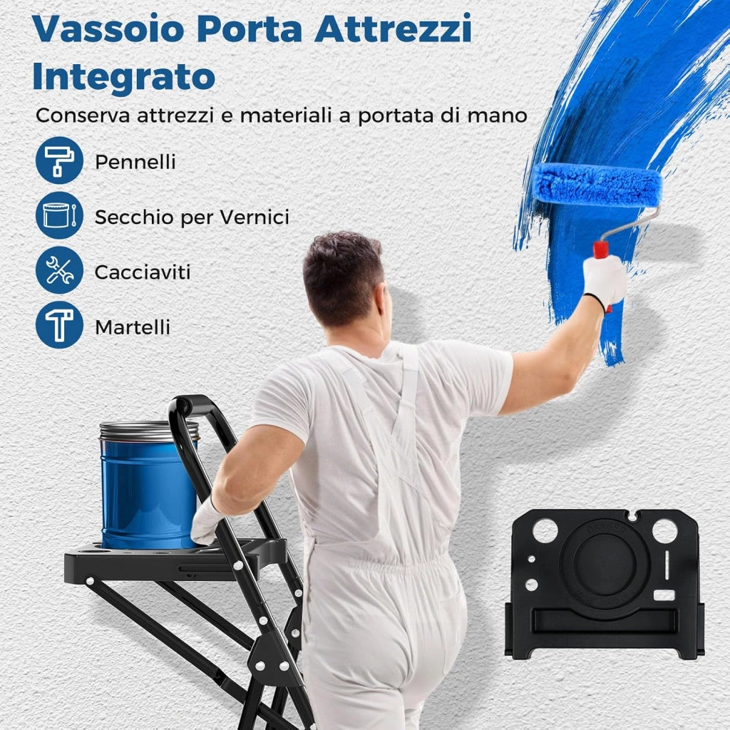 Scala a 4 Gradini, Scaletta Pieghevole in Acciaio con Antiscivolo per Piedi e Maniglia e Vassoio Porta Attrezzi, Carico Massimo 150kg, per Cucina, Giardino e Ufficio