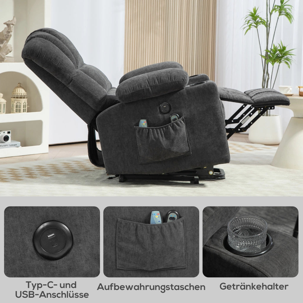 Poltrona relax elettrica alzapersona con massaggio riscaldamento e portabicchieri ¨C Xylo ¨C Grigio scuro