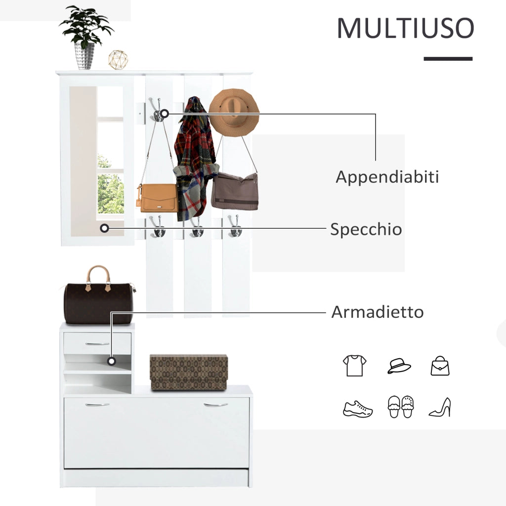 Scarpiera Appendiabiti con Specchio e Cassetti ¨C zephmum ¨C Bianco 90x24x166 cm
