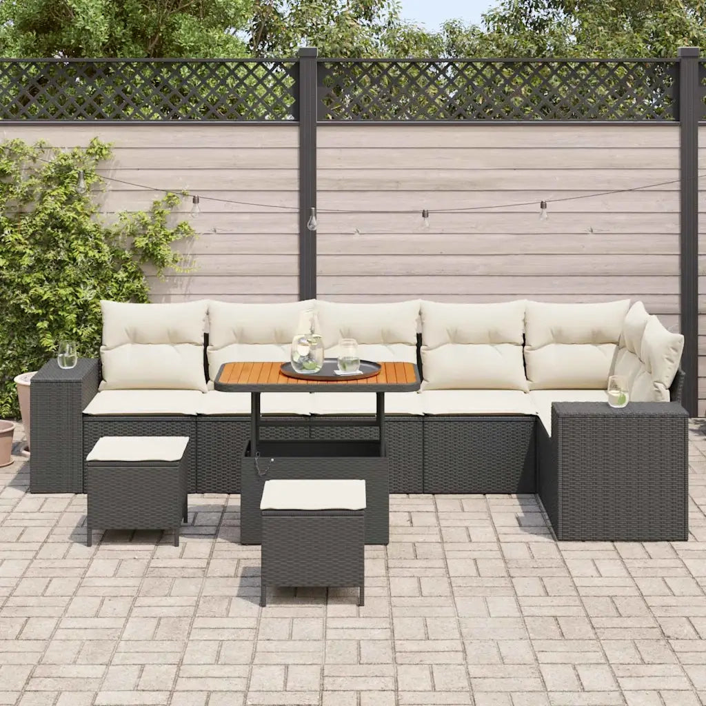 Set Divano da Giardino con cuscino 9 pcs Nero polyrattan