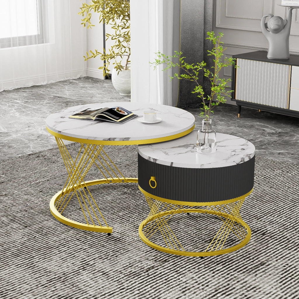 Tavolino da salotto 70x70x45+50x50x40 cm; set di 2 con cassetto; effetto marmo bianco e oro