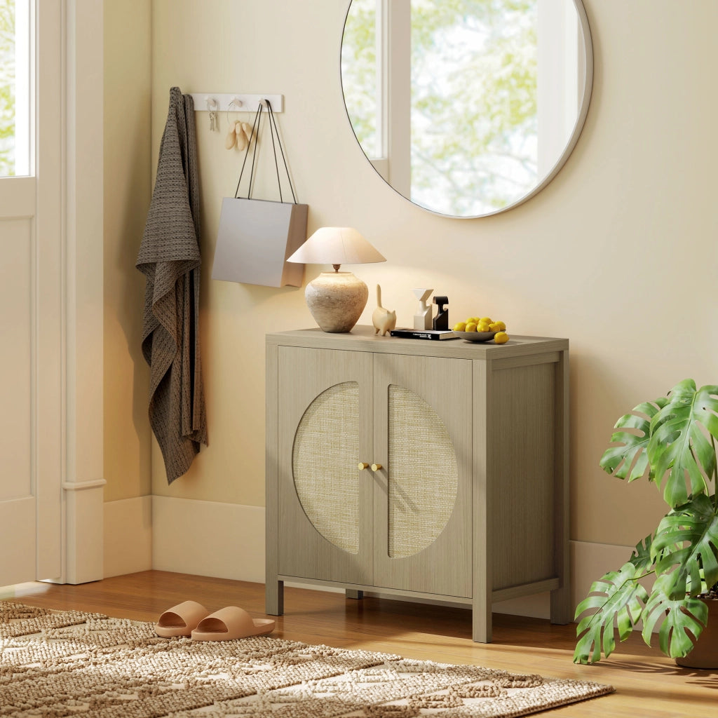 Credenza con 2 ante effetto rotin e ripiano regolabile ¨C zephmum ¨C 75x38x77 cm, legno naturale