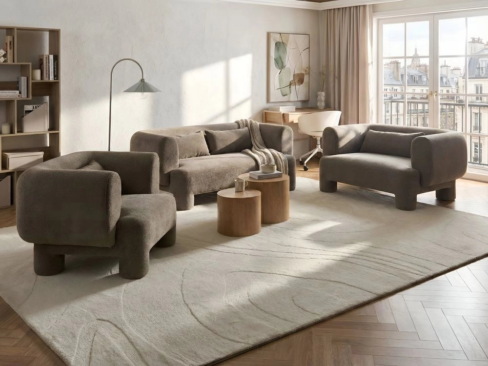 Set da salotto Divano a 3 posti morbido e curvo in tessuto marrone Poltrona Loveseat Stile retrò minimalista