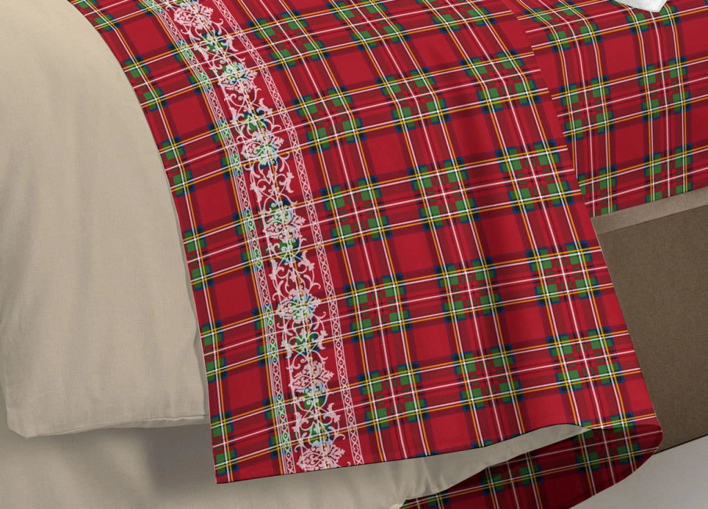 Completo Lenzuola Linea Pensieri Delicati 100% Cotone Disegno Cervo Tartan - Singolo - Rosso