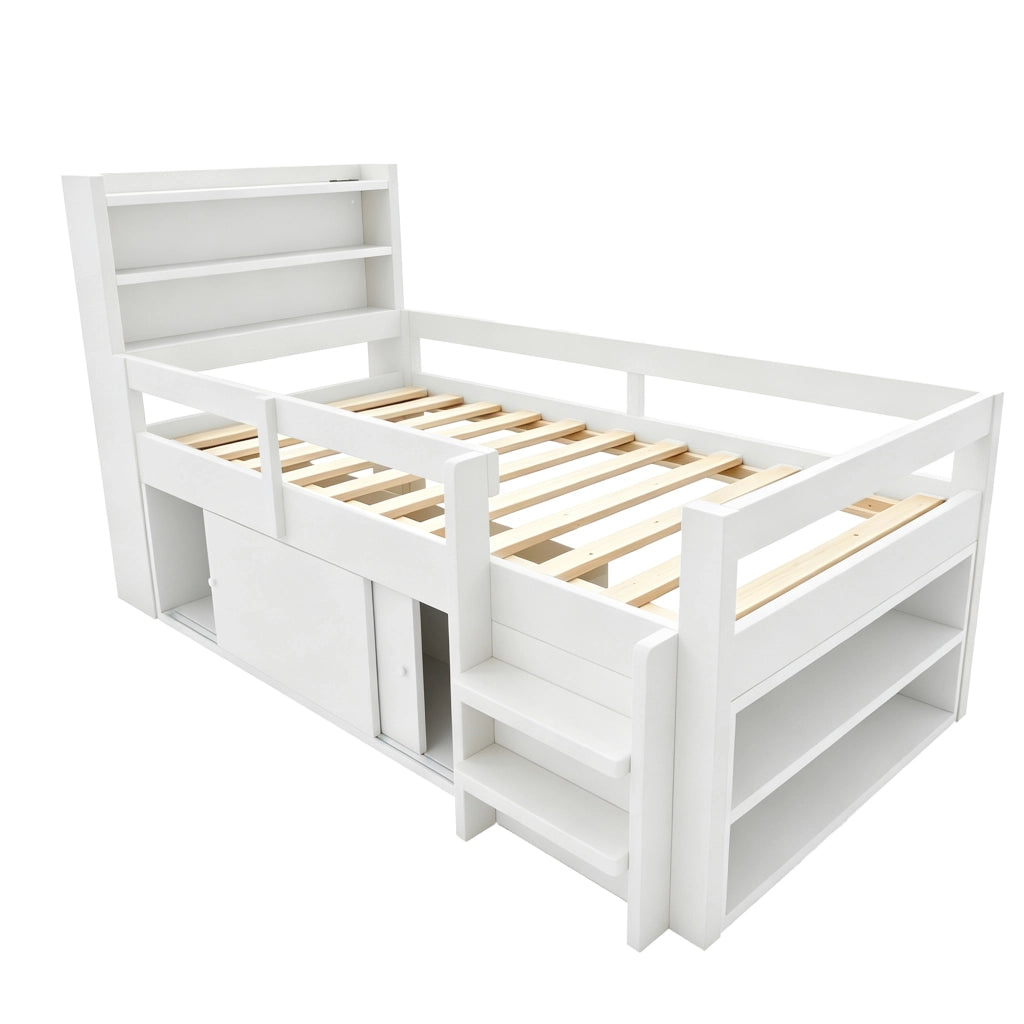 Letto a soppalco per bambini 90×200 cm con ripiani; vani contenitore; LED; USB; senza materasso