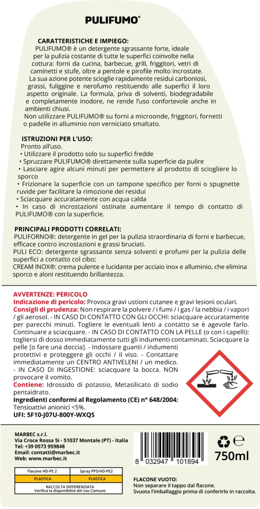 Detergente spray sgrassatore forte per pulizia ordinaria di forni, barbecue, stufe e pirofile MARBEC PULIFUMO® 750ML