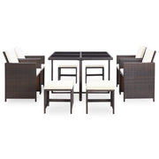 Set da Pranzo da Giardino 9 pz con Cuscini Polyrattan Marrone 42526