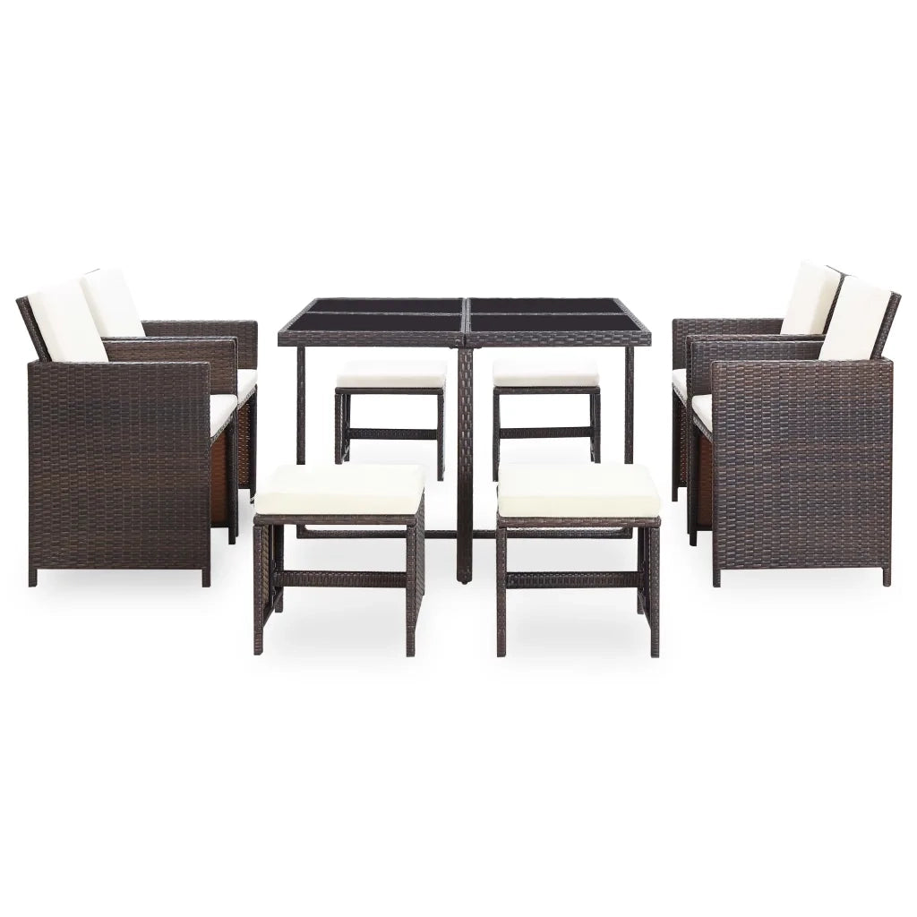 Set da Pranzo da Giardino 9 pz con Cuscini Polyrattan Marrone 42526