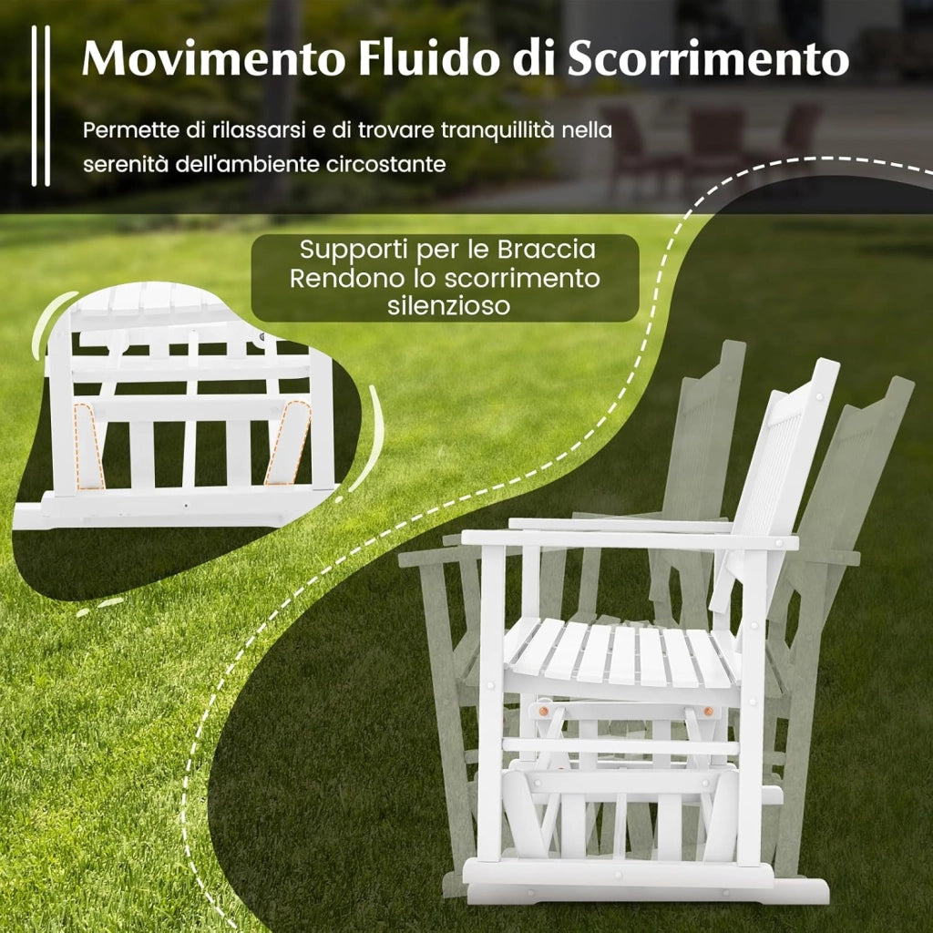 Panca a Dondolo a 2 Posti con Sicuro e Delicato Movimento Oscillante, Telaio in Legno Massello, Sedia a Dondolo per Giardino con Capacità di carico 225 kg, 126 x 68 x 100 cm, Bianco