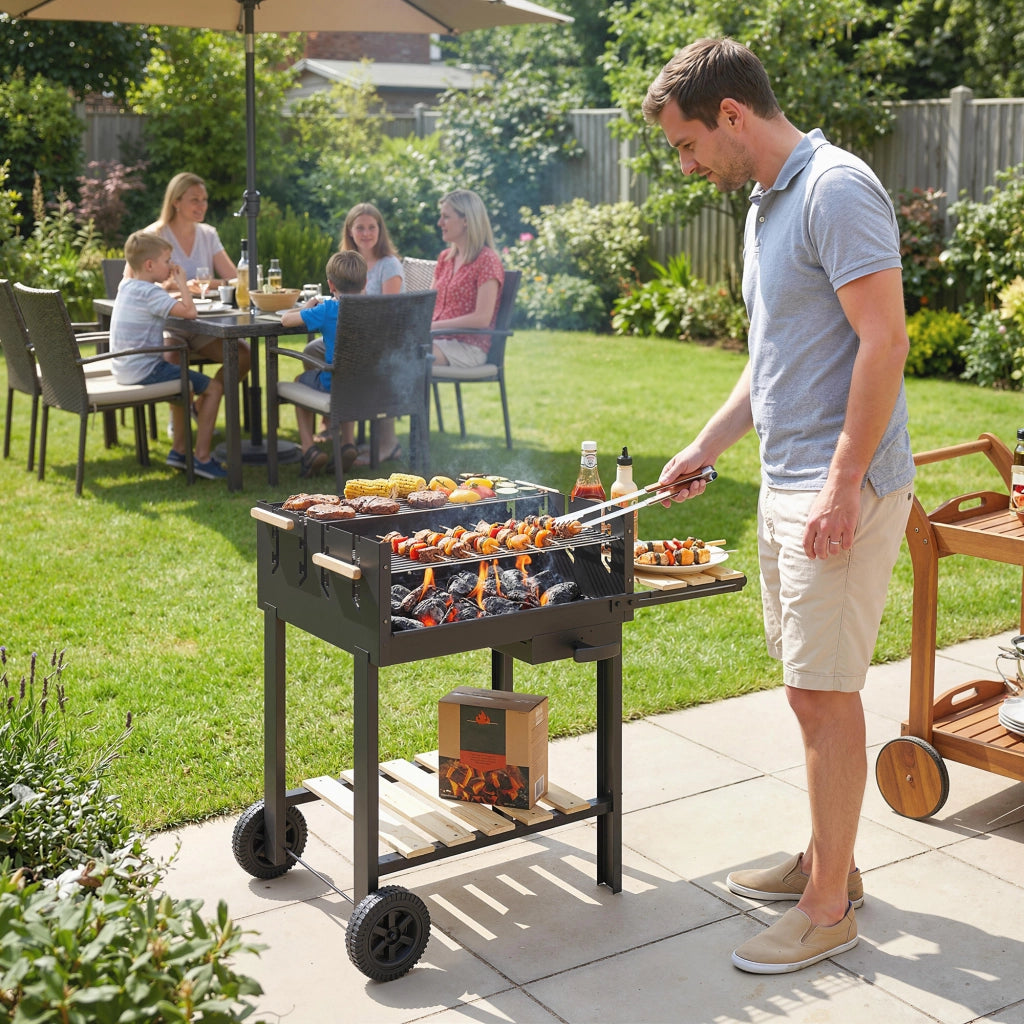 Carrello per Barbecue in Legno con 2 Griglie Regolabili ¨C zephmum ¨C Nero