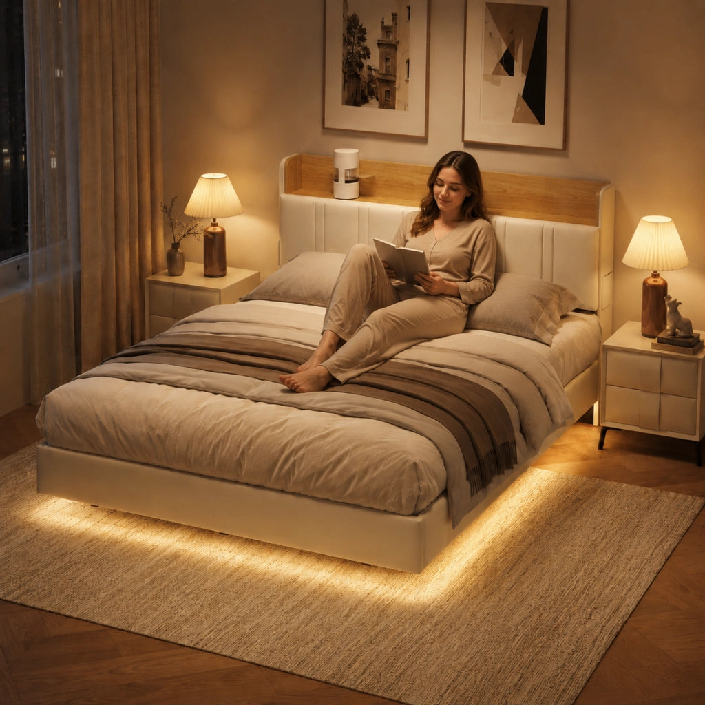 Letto matrimoniale 140x190 cm in pelle PU bianca, testiera con vano portaoggetti, stazione di ricarica, luci RGB a LED, struttura robusta portata 350kg