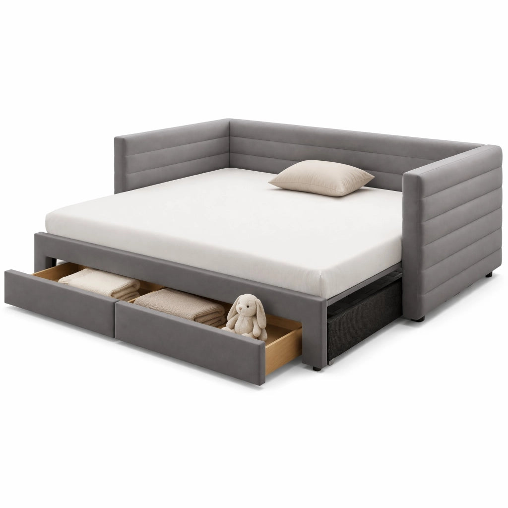 Letto divano estraibile 90 × 190 cm e 180 × 190 cm; 2 posti con 2 cassetti; senza materasso; grigio