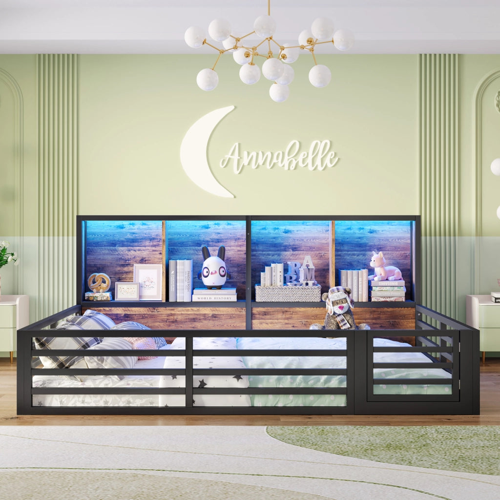 DESMIU Letto bambino 140 × 200 cm con vani laterali, LED e sponda, senza materasso, in MDF e metallo, nero