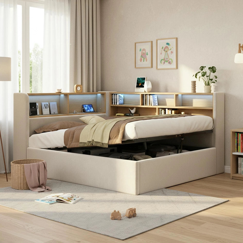 Divano letto con LED - Xylo - 140x190 cm - Beige - Spazio idraulico USB