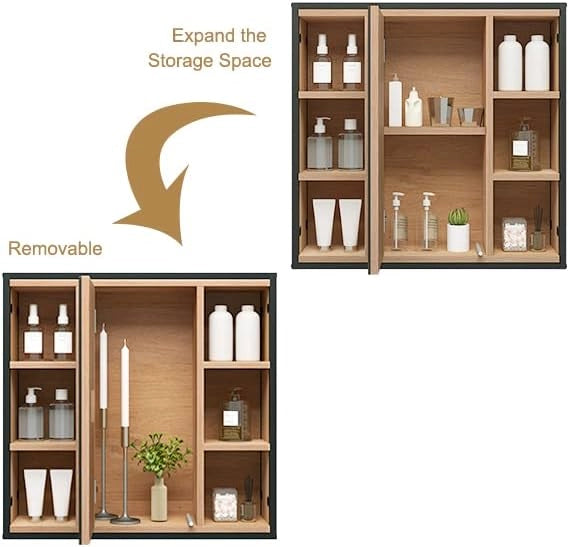 Mobile da Bagno Salvaspazio a 6 Scomparti Aperti, Pensile da Bagno Sospeso, Porta a Specchio, con Ripiani Regolabili Mobiletto, in Metallo e Truciolare 60x16x58cm