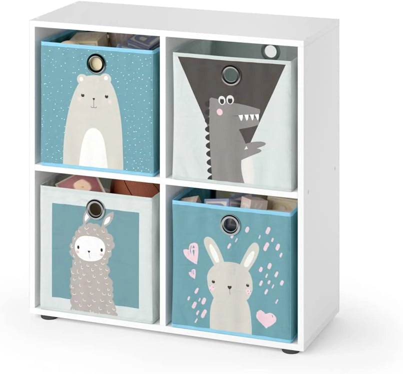 Libreria bambini Tetra, Bianco, 72.6 x 72 cm con 4 scatole pieghevoli, adatto per riporre giocattoli e libri