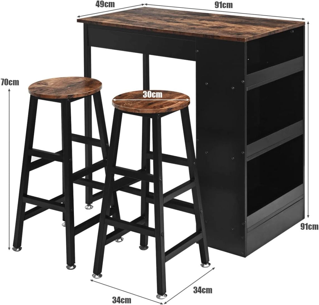 Set Tavolo e 2 Sgabelli, Set Mobili da Bar, 3 Pezzi Set da Pranzo, in Stile Industriale, Tavolo con 3 Ripiani di Stoccaggio, Sgabello con Poggiapiedi di Diverse Altezze, Struttura Metallica