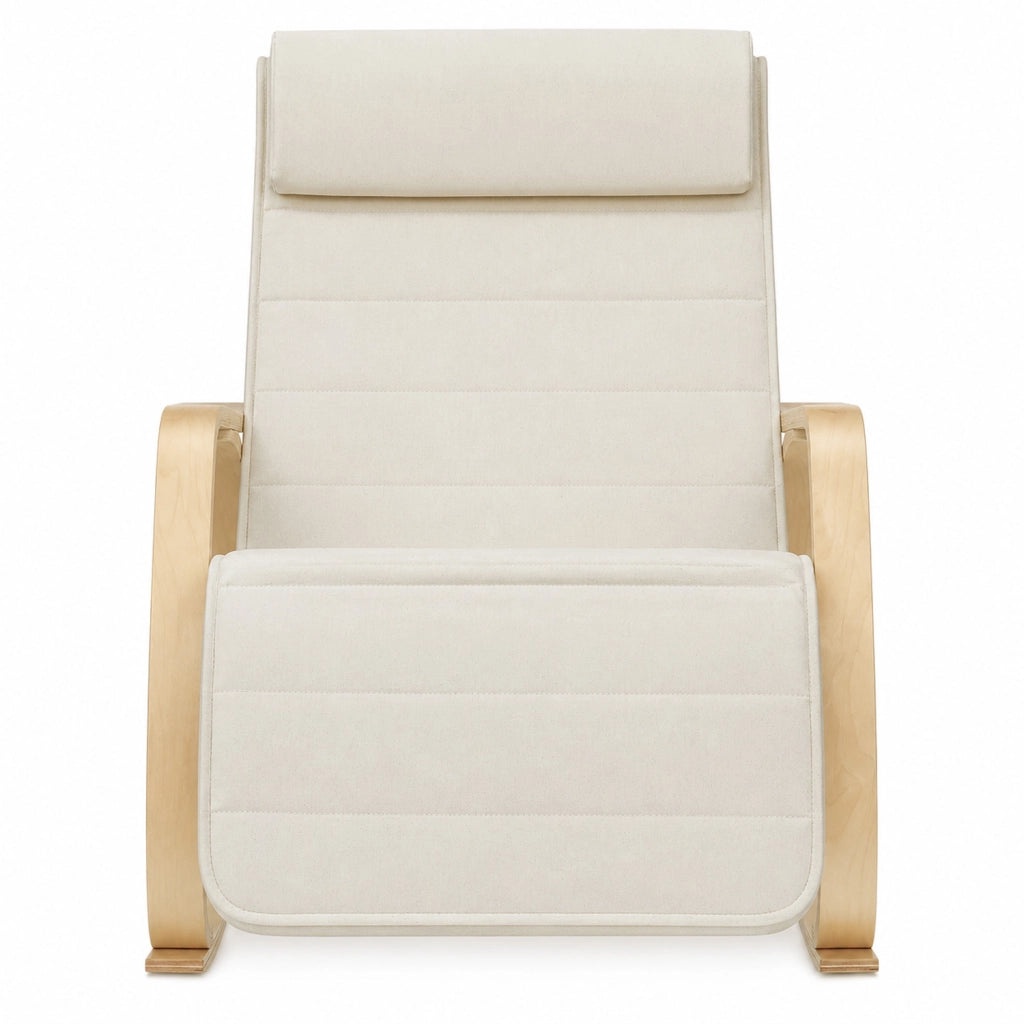 Poltrona A Dondolo Reclinabile In Legno E Acciaio Con Poggiapiedi Regolabile 5 Posizioni Seduta Imbottita 121.5 x 55 x 84 Cm Beige