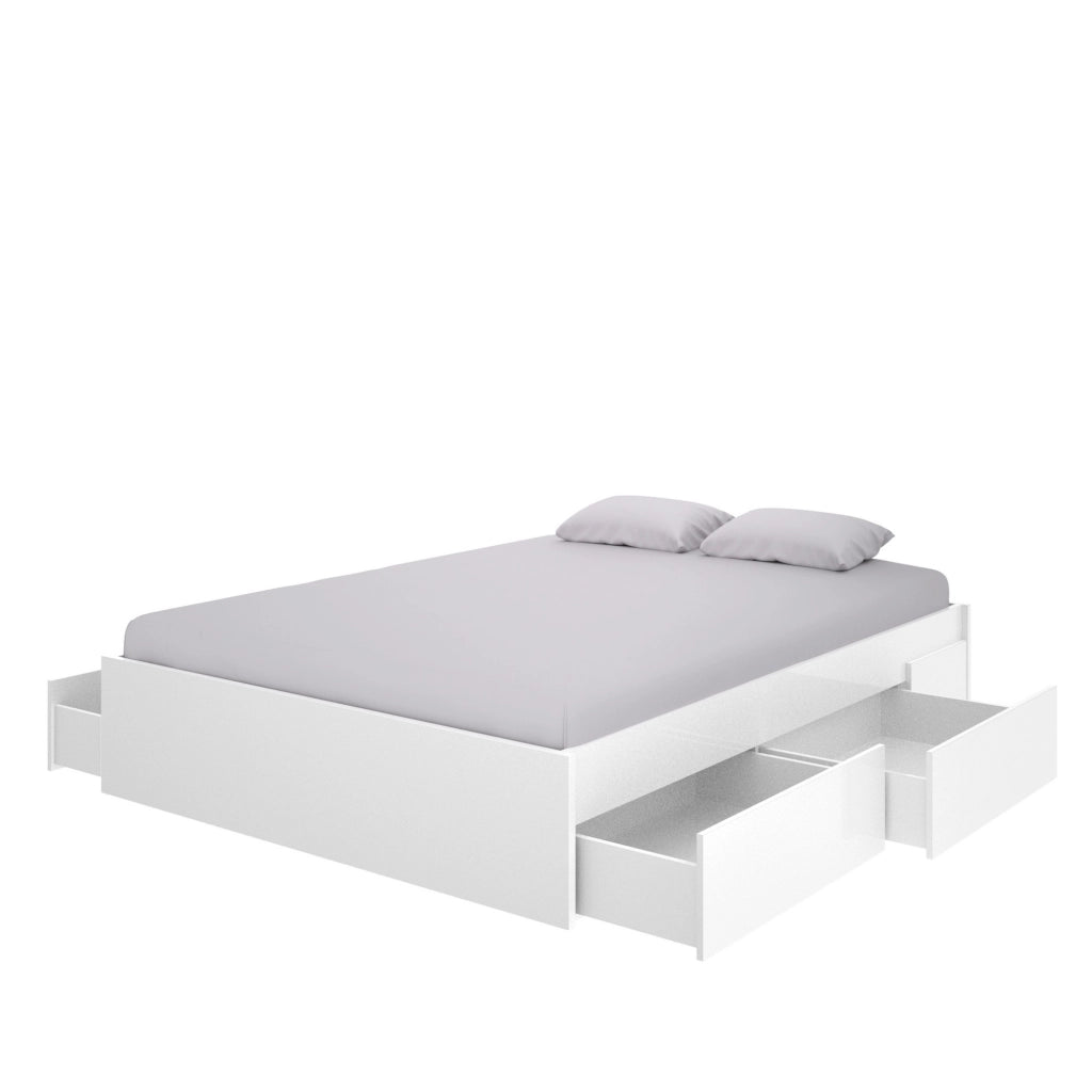 Letto matrimoniale Angus, Sommier giroletto, Struttura letto contenitore con 4 cassetti, 197x160h37 cm, Bianco