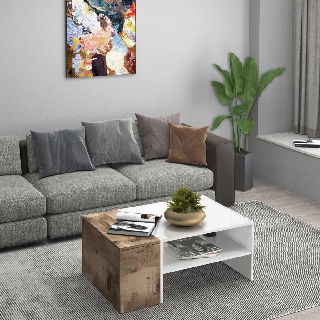 WHOUS Tavolino da caffè Corona con 1 vano contenitivo bianco e acero pereira 90x60x40 cm