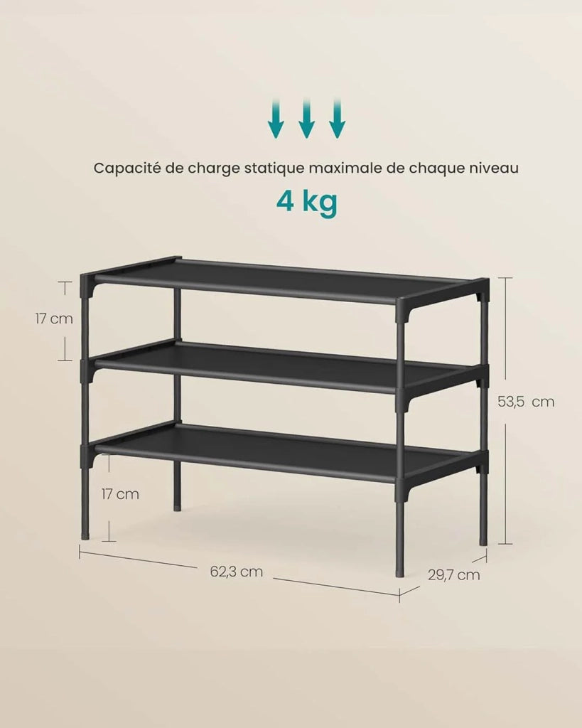 Scarpiera a 3 ripiani porta scarpe per ingresso/corridoio salvaspazio 297 x 623 x 535 cm struttura in metallo ripiani in tessuto non tessuto nero 12_0008041