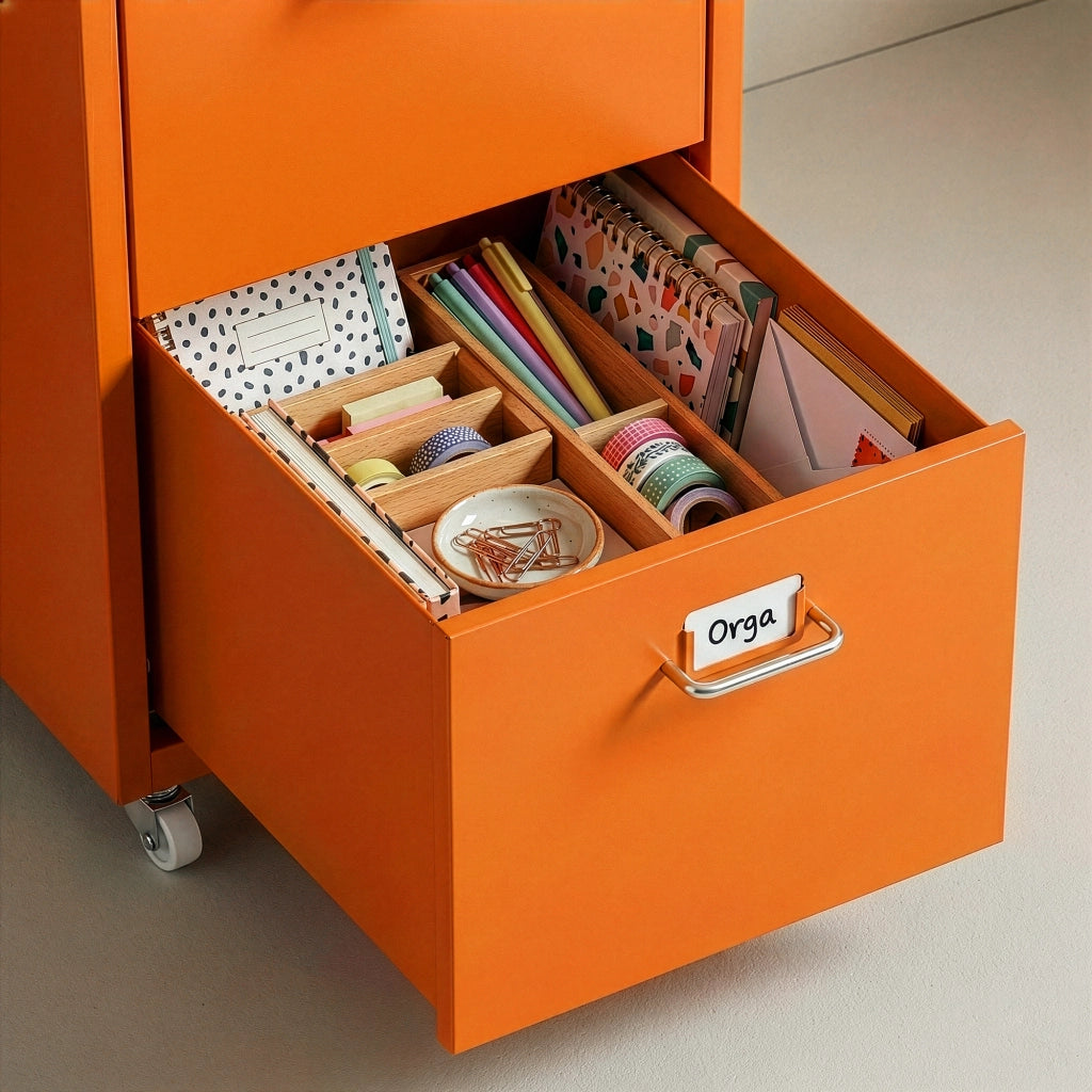 Cassettiera Kökar in Acciaio Mobile Archivio con 8 Cassetti e Rotelle - Arancione [en.casa]