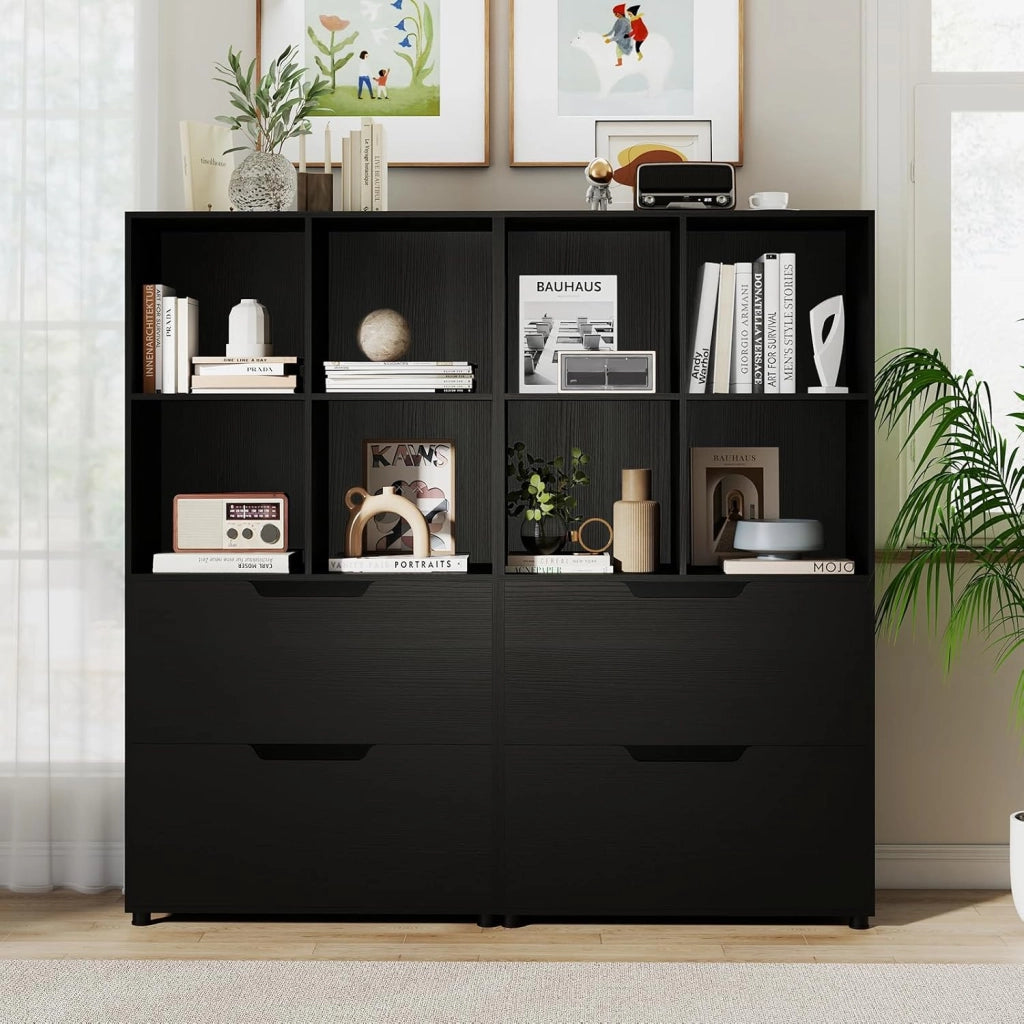 Libreria con 4 cubi e 2 cassetti, scaffale da libreria a piedi con kit antiribaltamento, mobile di stoccaggio autoportante per ufficio, soggiorno, ufficio casa (nero)