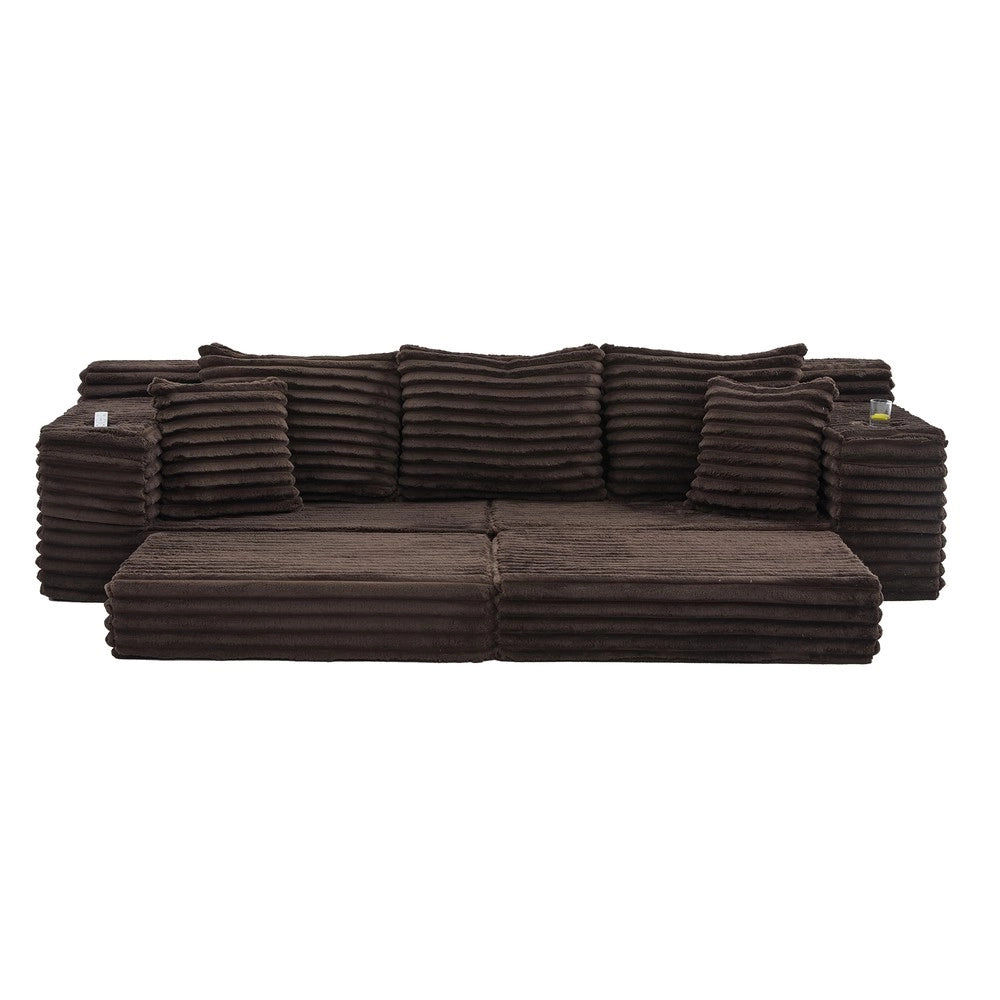 Divano letto in tessuto - Zephmum - Schienale alto, cuscini extra, tasche e porta-bevande, imbottitura morbida, marrone caff¨¨