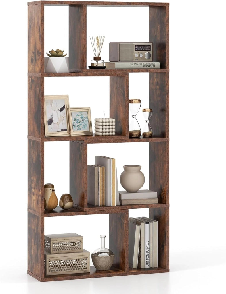 Libreria Geometrica a 4 Ripiani, Organizzatore Moderno con 8 Cubi, Mensola Espositiva a Pavimento, Mobile di Stoccaggio in Legno per Soggiorno Camera da Letto Studio, 60x20x120 cm (Nero)