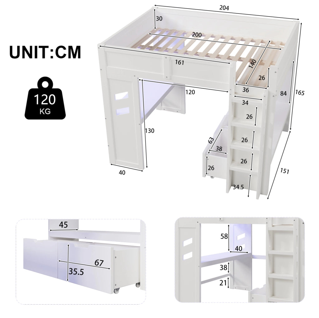 Letto a soppalco bianco 140x200 con scrivania LED e USB-C