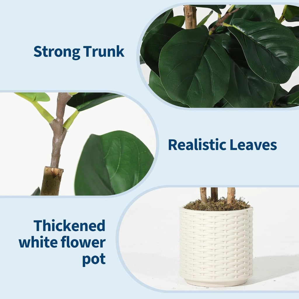 Ficus Lyrata Artificiale 180 cm con Tronco Naturale e Vaso Bianco Lucido