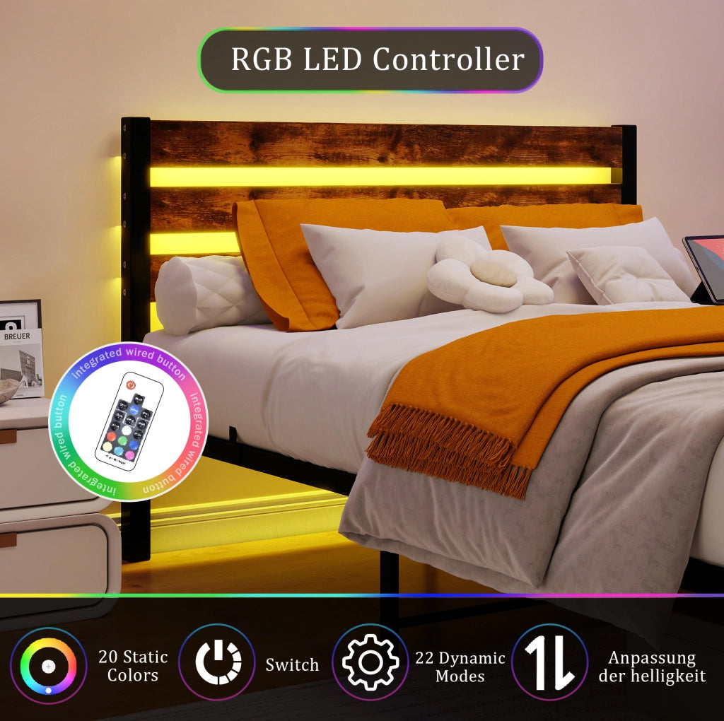 Letto 120x200 cm con LED RGB, testiera in MDF e struttura in metallo