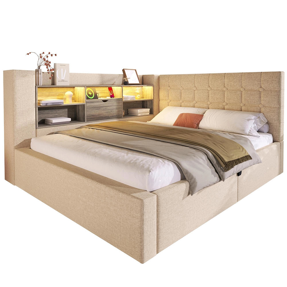 Letto imbottito-Xylo-140x200cm LED idraulico testiera a L lino beige con materasso