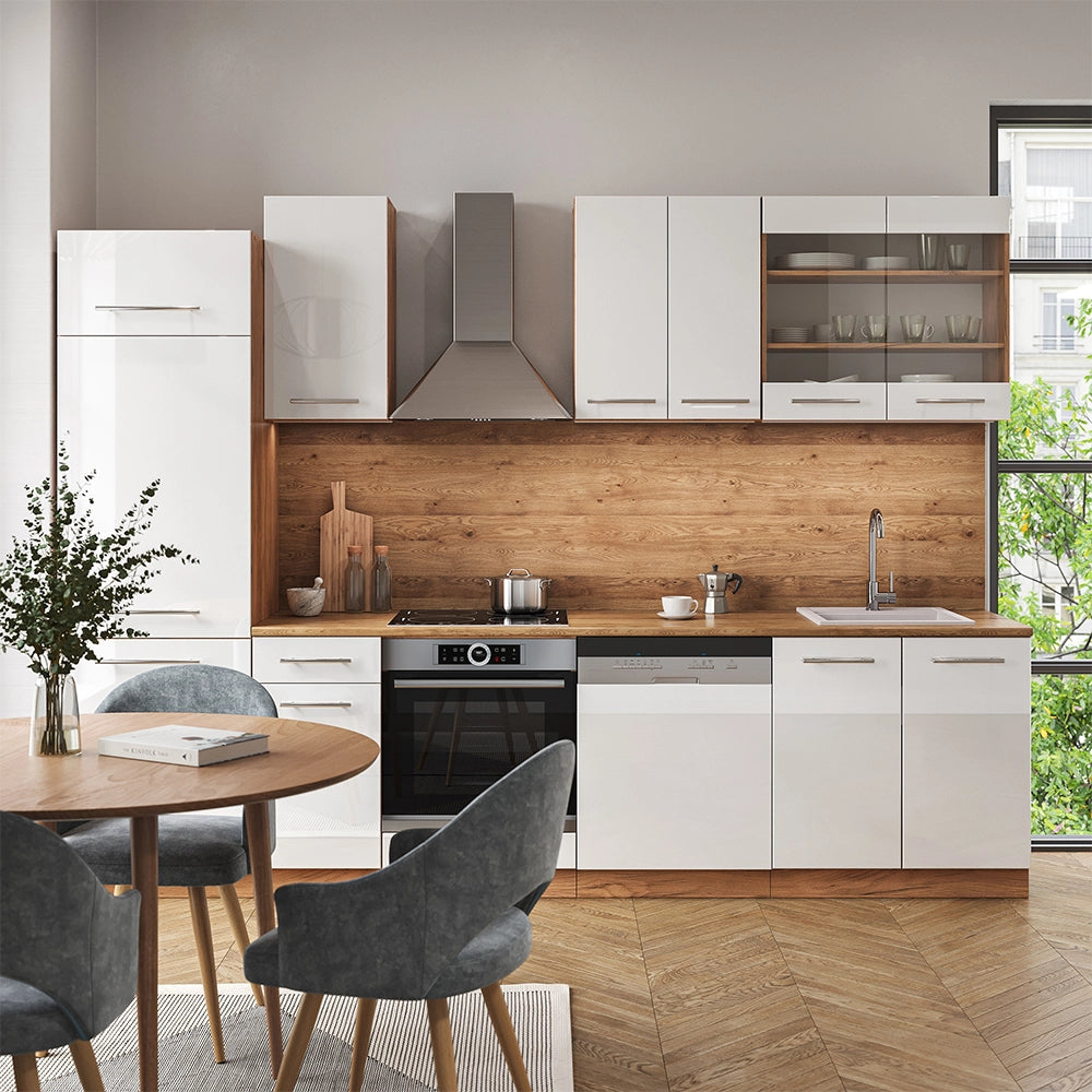 Cucina componibile Fame-Line Bianco lucido/Rovere dorato 300 cm, PL Marmo Vicco