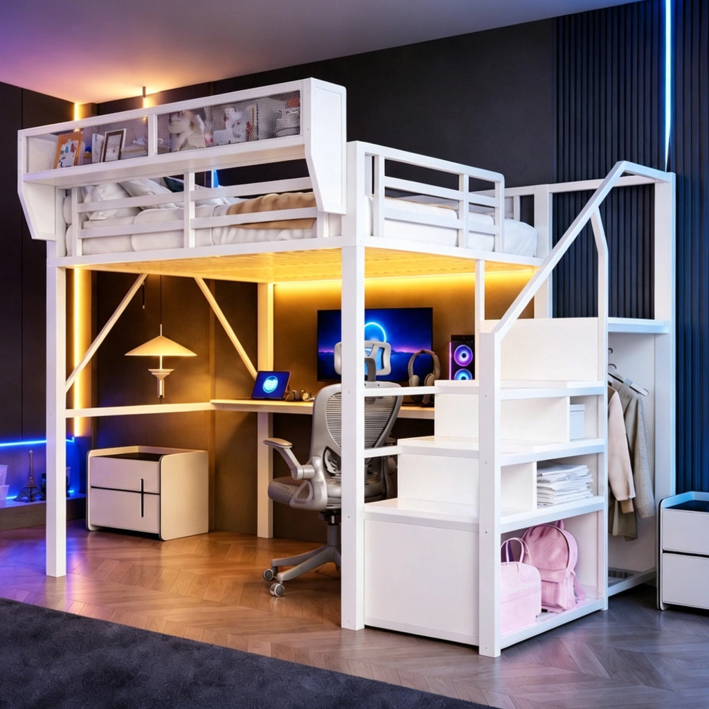 Letto a soppalco 140 × 200 cm con scrivania, scaffale regolabile, LED e scala di sicurezza, senza materasso, bianco