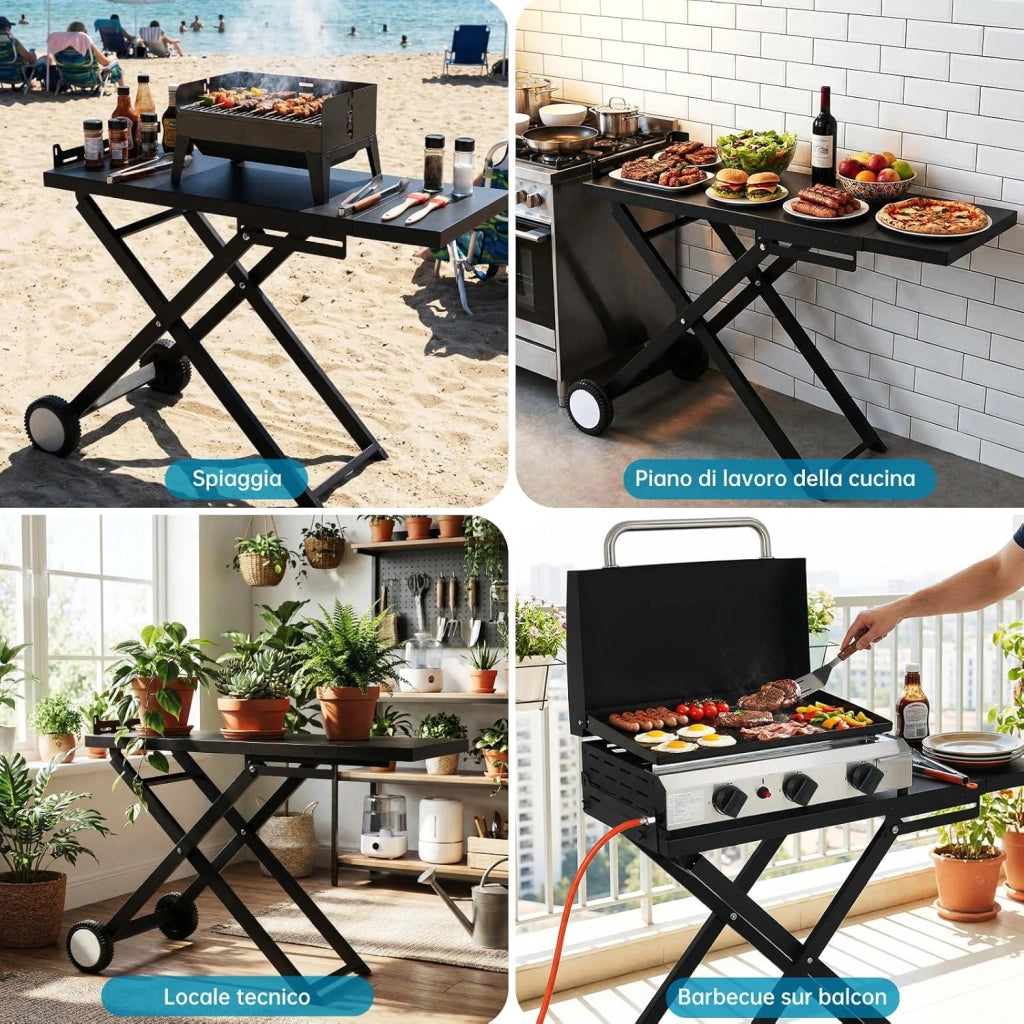 Carrello Barbecue Pieghevole con Ripiano Staccabile, 102x39cm Supporto Portatile con 2 Ruote, Tavolo Stabile per BBQ, per Esterno da Campeggio, Picnic e Giardino, Montaggio Facile, Nero