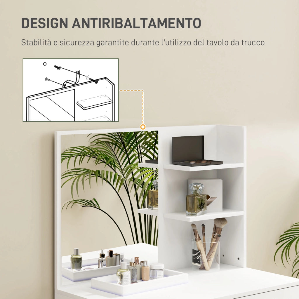Tavolo da trucco ¨C zephmum ¨C 3 ripiani e cassetti con specchio e sgabello, bianco