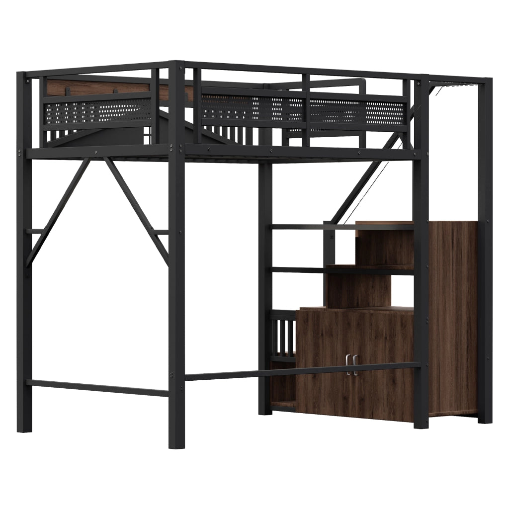 DESMIU Letto a soppalco matrimoniale con scala contenitore, armadietto e finestra 140 × 200 cm, senza materasso