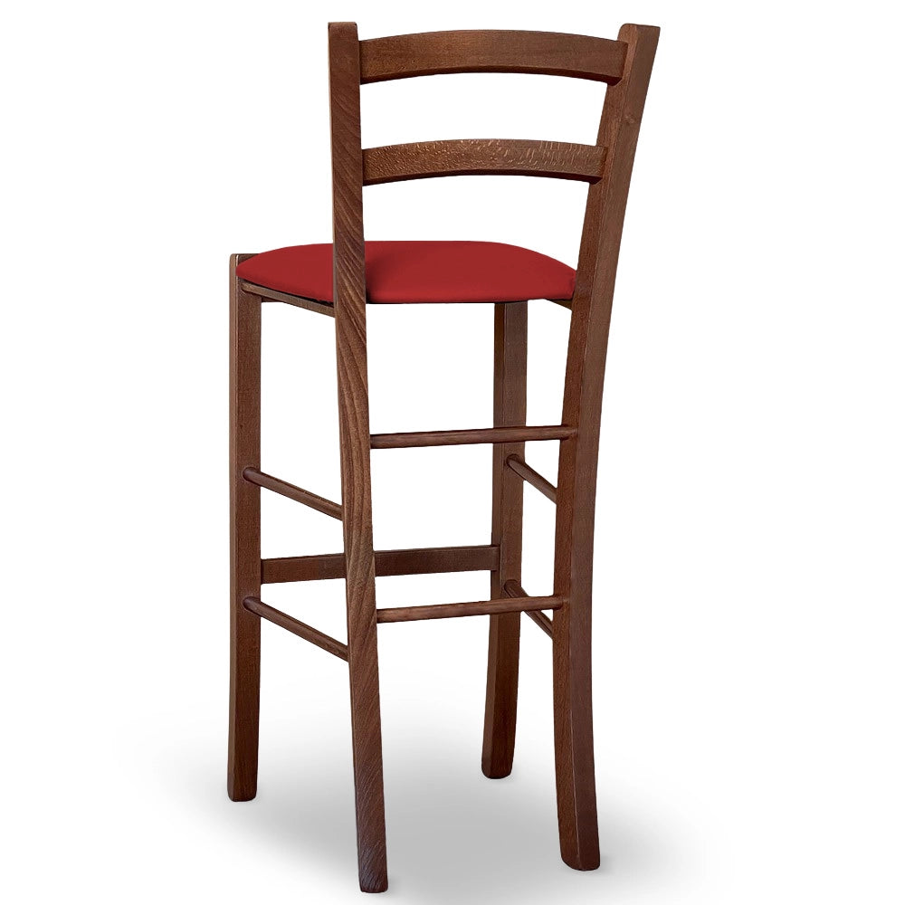 Sgabello Venezia in legno noce scuro h 73 cm con seduta in similpelle rosso