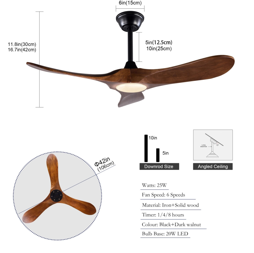 Ventilatore da soffitto con luce LED 42 pollici; 3 pale in legno massello noce; nero