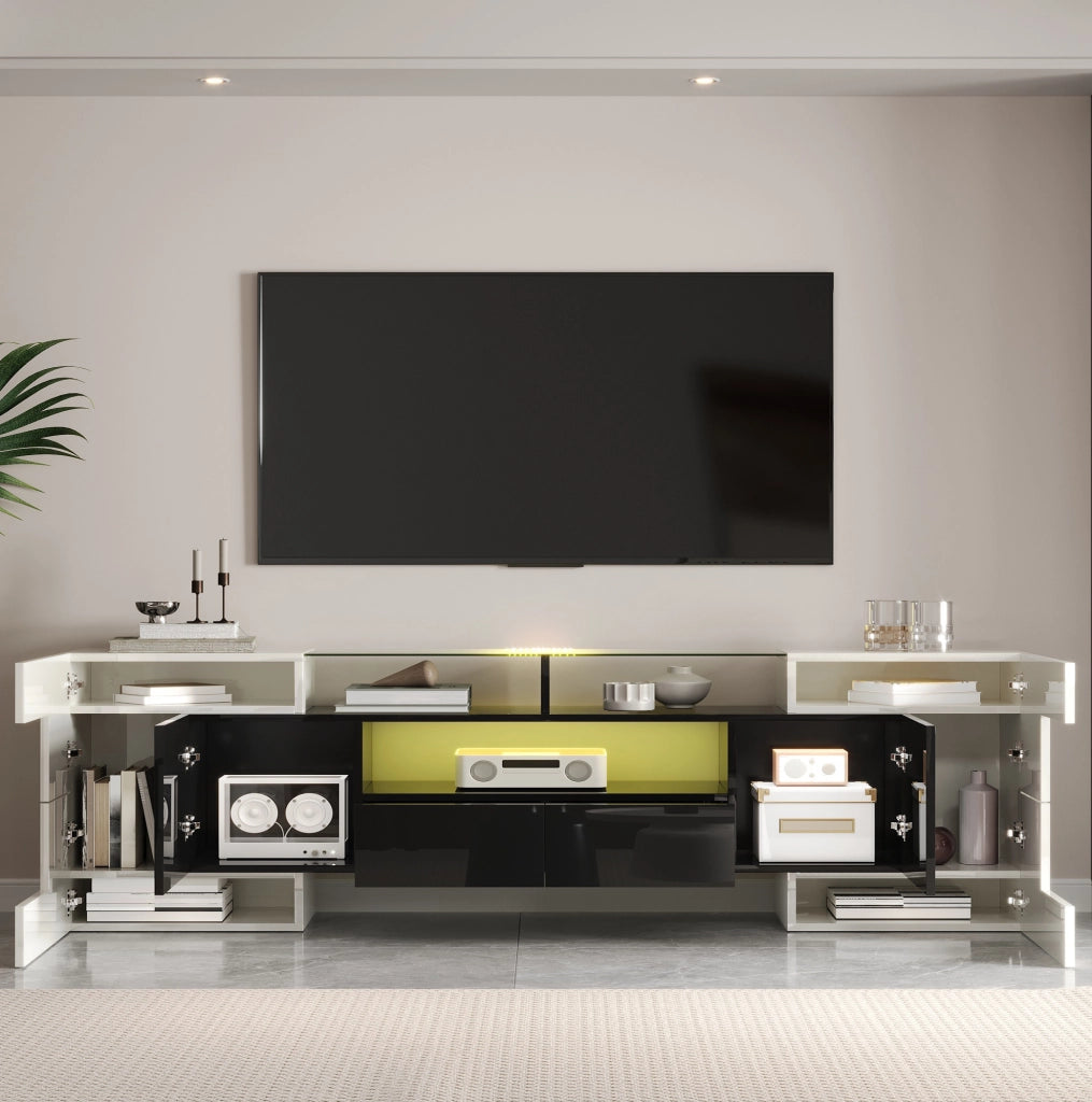 Mobile TV 200 cm bianco e nero lucido con LED, 6 ante e 2 cassetti