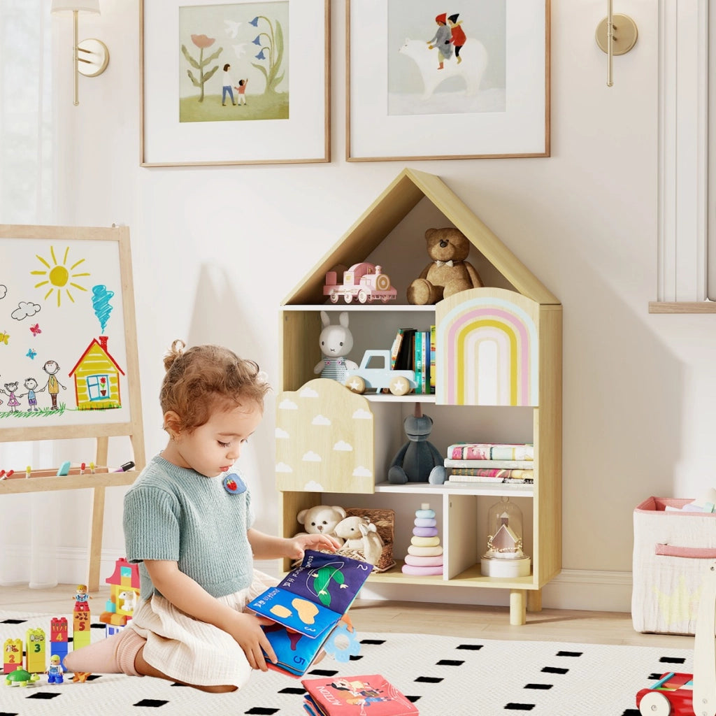 Libretto scaffale per bambini a forma di casa, Libreria per bambini libreria a forma di casa con 2 ante Naturale