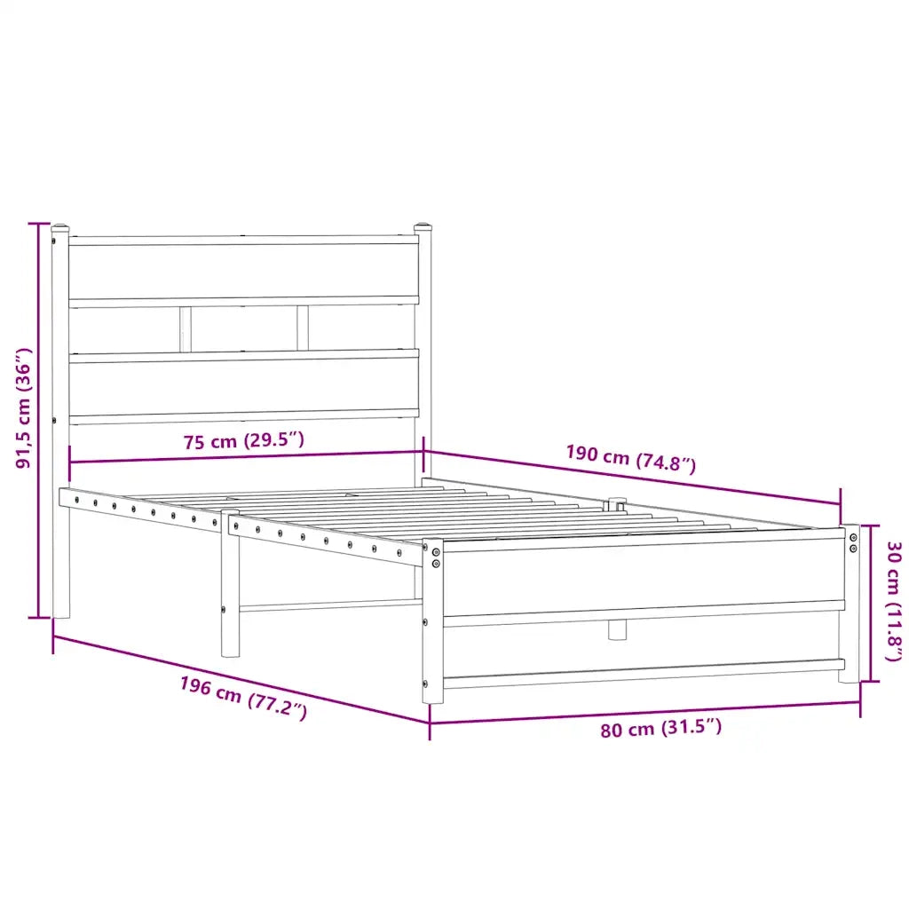 vidaXL Giroletto senza Materasso in Metallo Rovere Fumo 75x190 cm