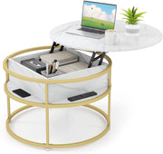 Tavolino da Caffè con Piano Sollevabile, Tavolino da Salotto Rotondo 80 cm a 2 Ripiani con Contenitore Nascosto e Ripiani Laterali, Ideale per Soggiorno, Studio e Ufficio