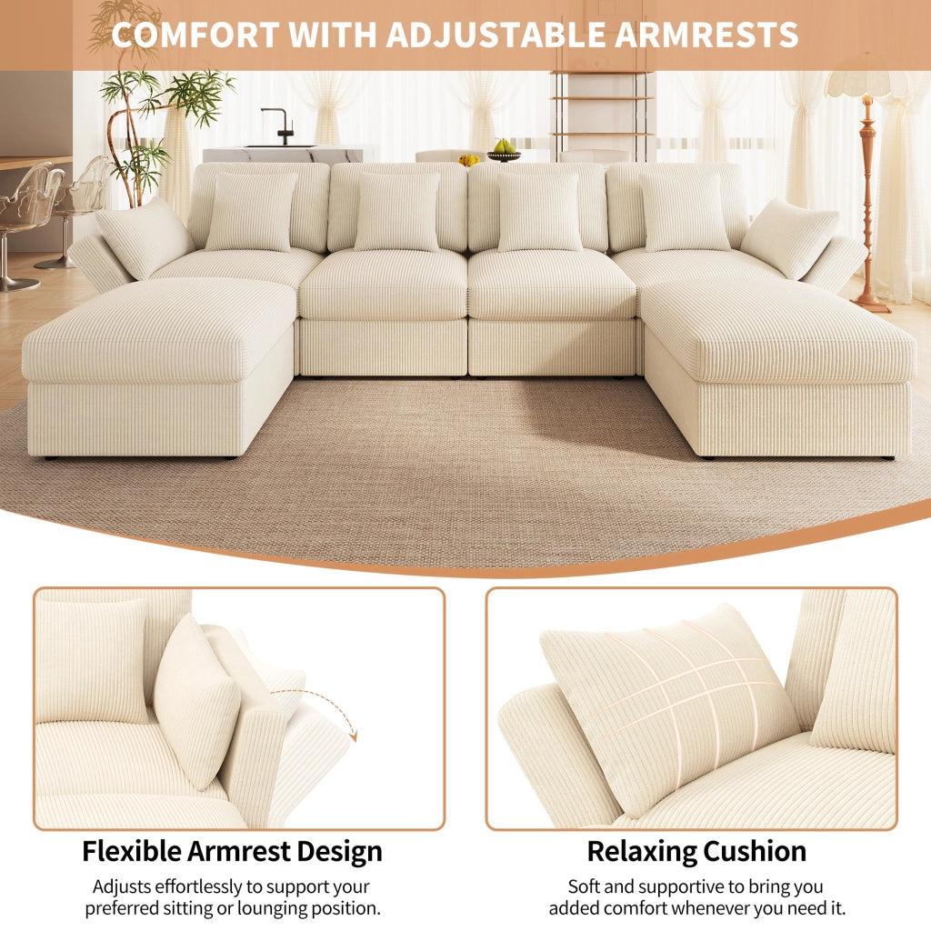 Divano angolare a U 4-6 posti con braccioli regolabili e pouf, in velluto a coste Beige