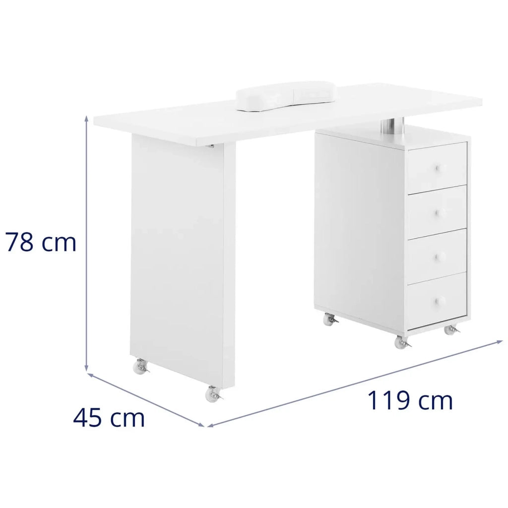 Tavolo per manicure 119 x 45 x 77 cm 4 cassetti 6 ruote in gomma MDF bianco 14_0009977