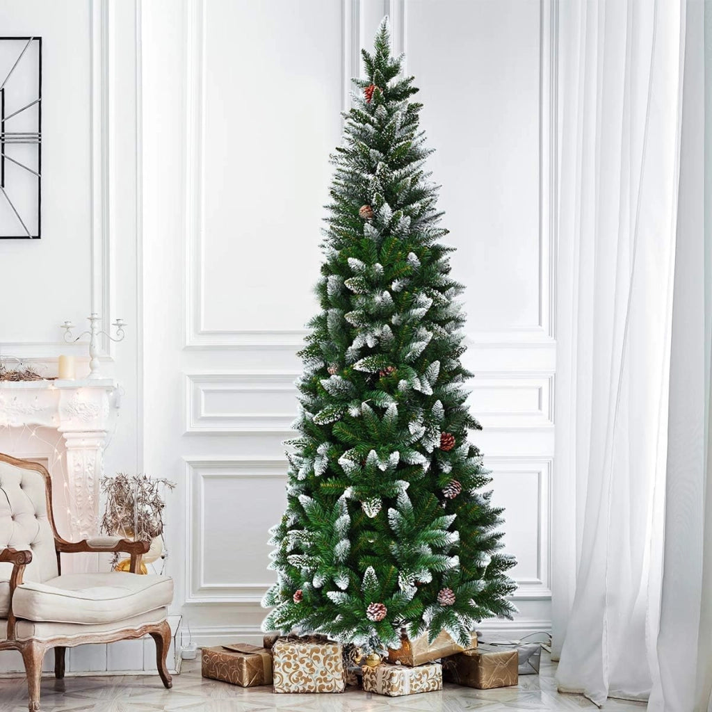 Albero Artificiale di Natale, Albero di Natale Innevato, Abete di Natale in PVC, Albero per Albero Decorativo, con Effetto Realistico, Supporto in Metallo, Facile da Montare, Verde (2,2 M)