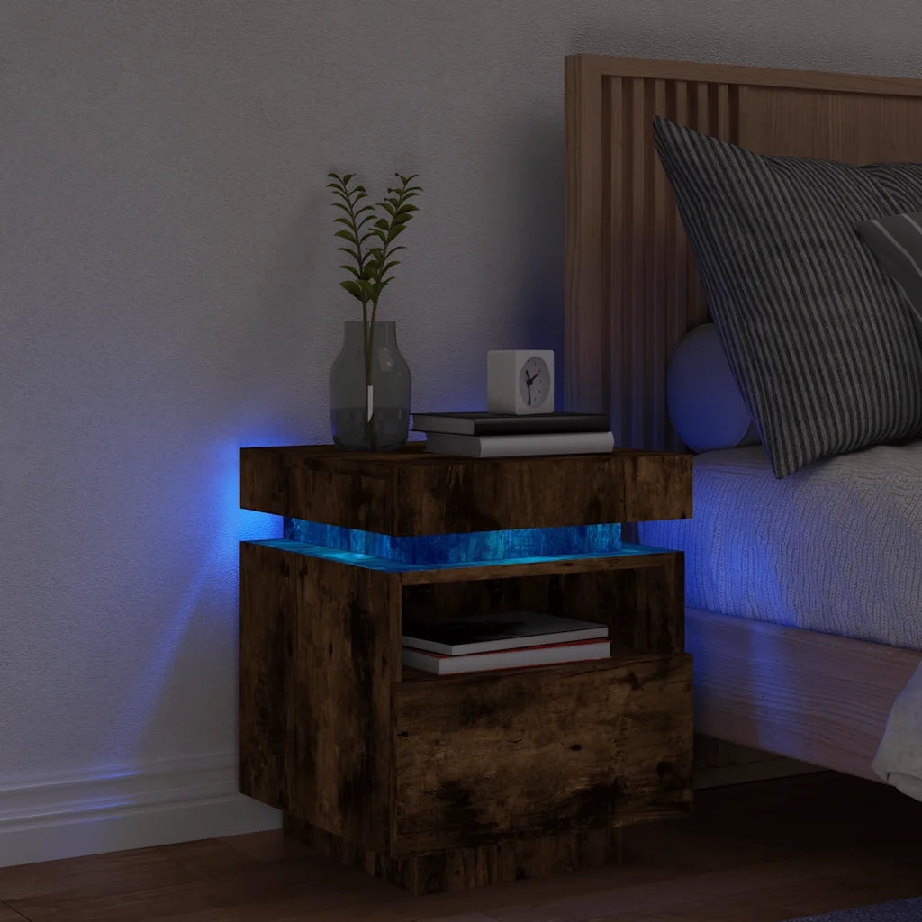 Comodino | Armadio da Notte | Mobiletto da notte con Luci LED Rovere Fumo 40x39x48,5 cm