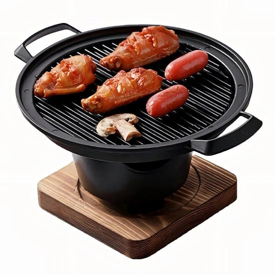 Griglia da tavolo portatile senza fumo - Mini piatto da griglia - In legno di quercia/alleggerimento di alluminio - Diametro interno 17 cm - Barbecue